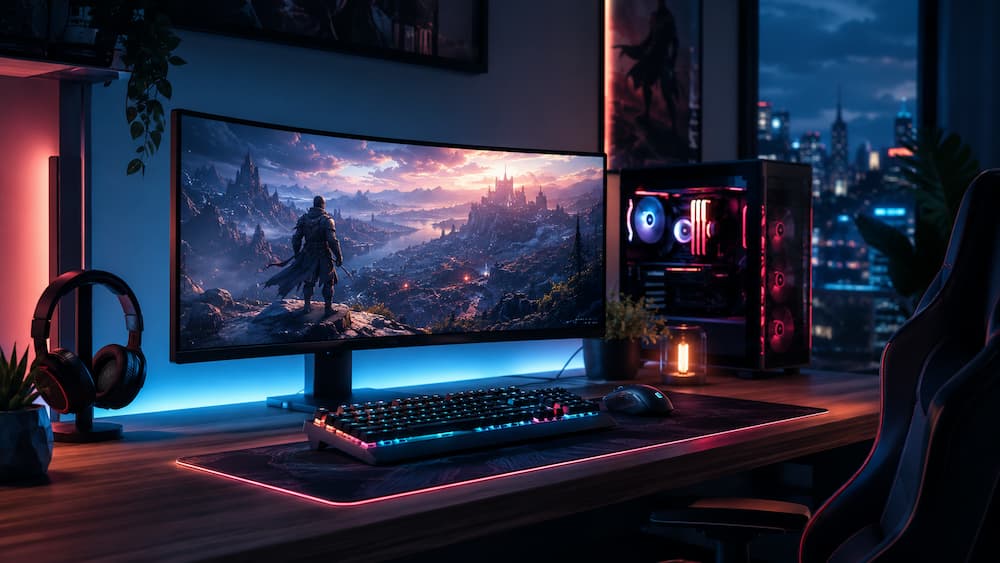 Birou de gaming stilizat în culorile FlexNode Expert